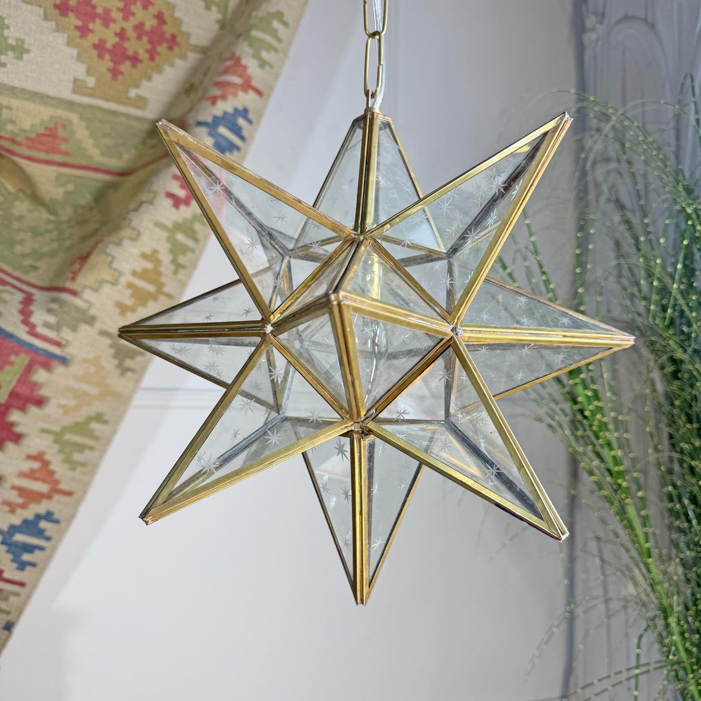 1920's Moravian Glass Star Pendant Ceiling Light with Etched Star Decoration