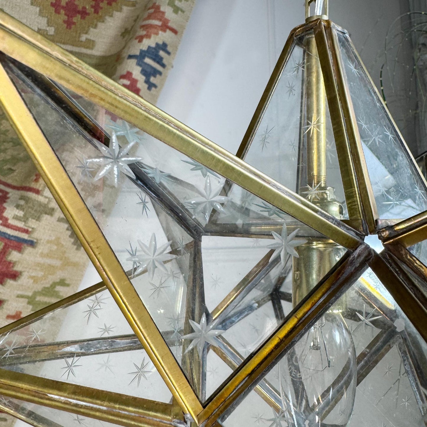 1920's Moravian Glass Star Pendant Ceiling Light with Etched Star Decoration