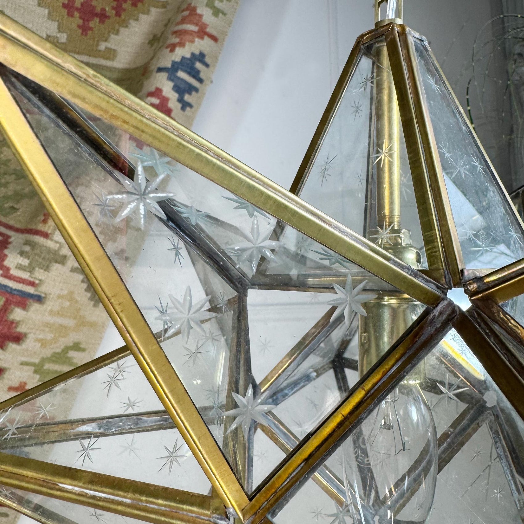1920's Moravian Glass Star Pendant Ceiling Light with Etched Star Decoration