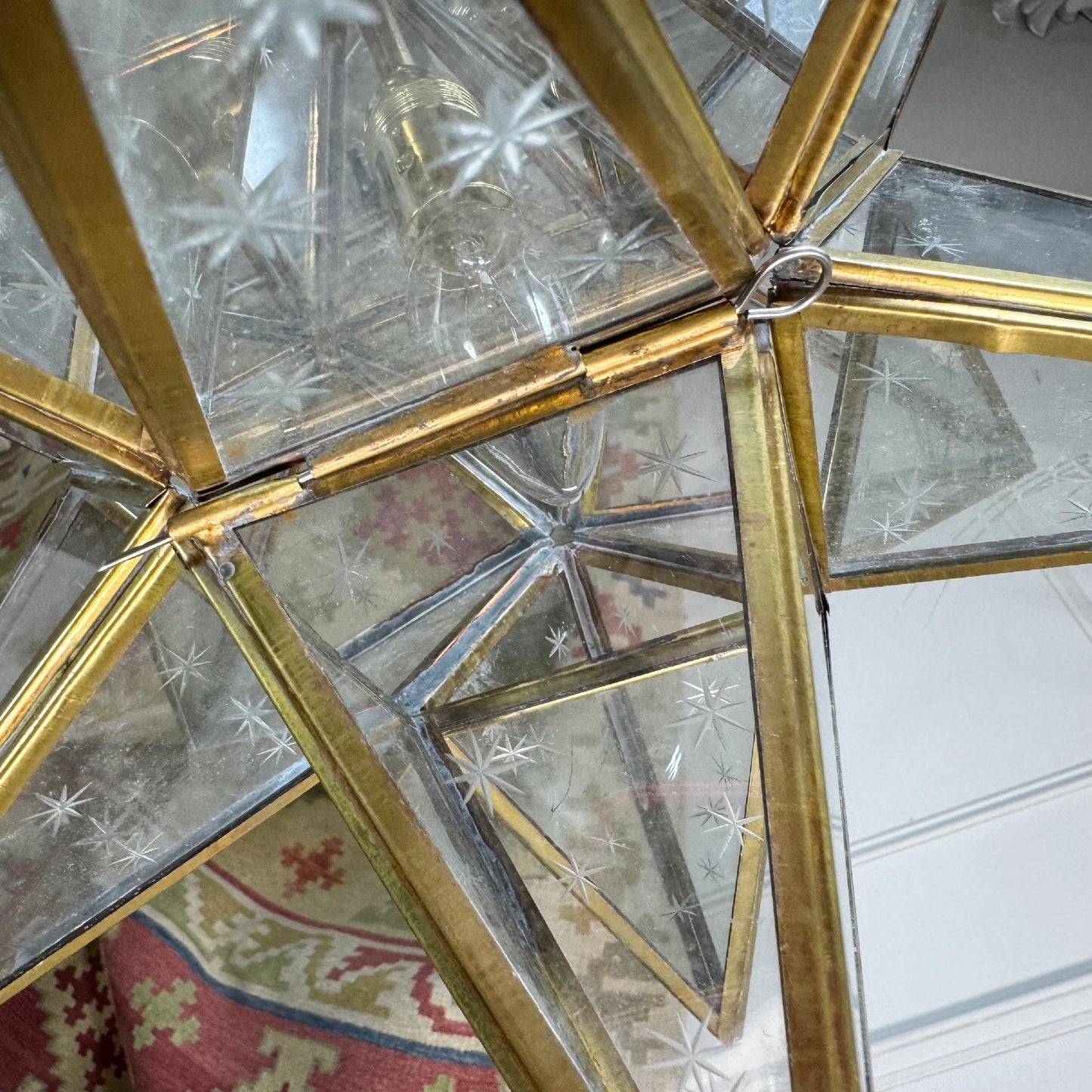 1920's Moravian Glass Star Pendant Ceiling Light with Etched Star Decoration