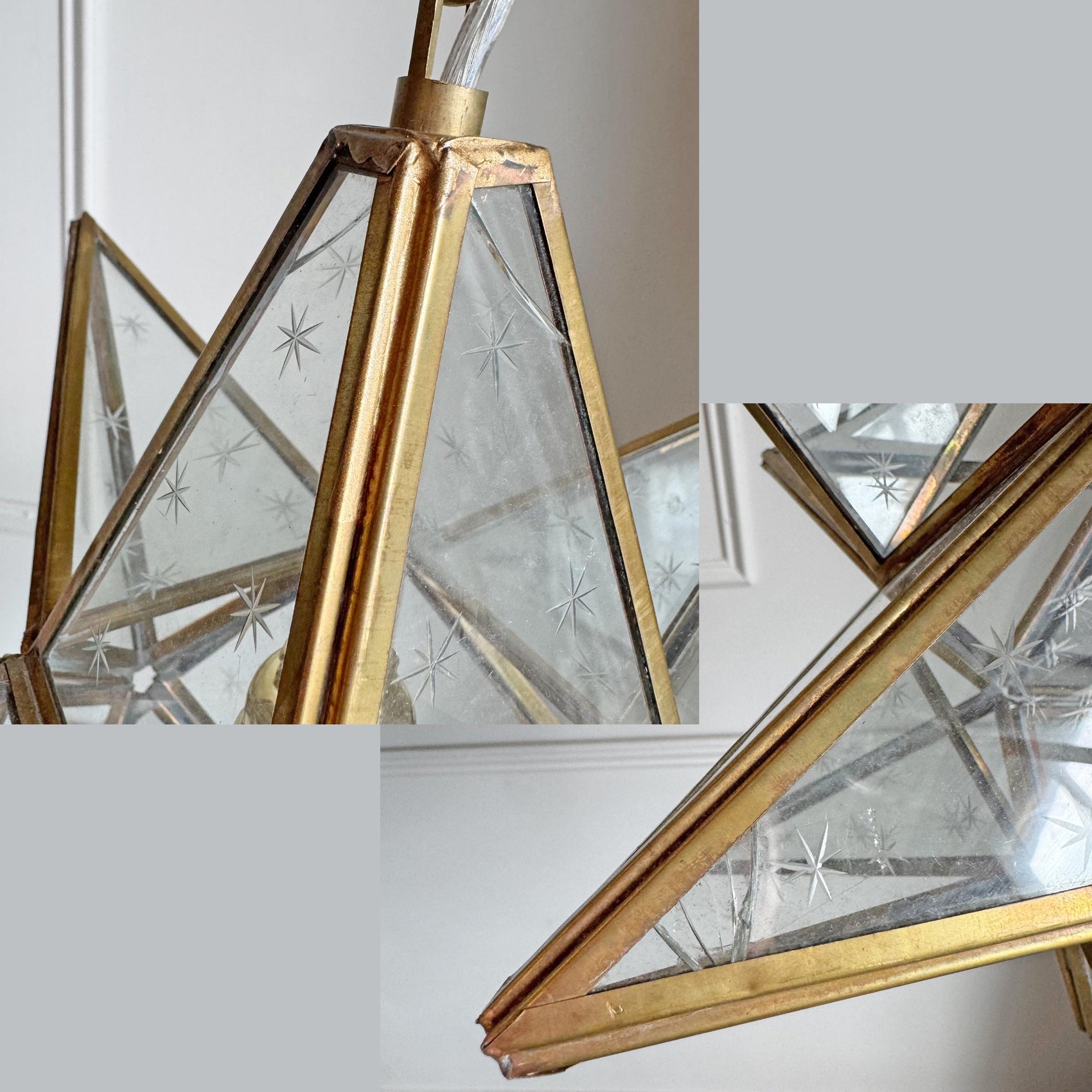 1920's Moravian Glass Star Pendant Ceiling Light with Etched Star Decoration