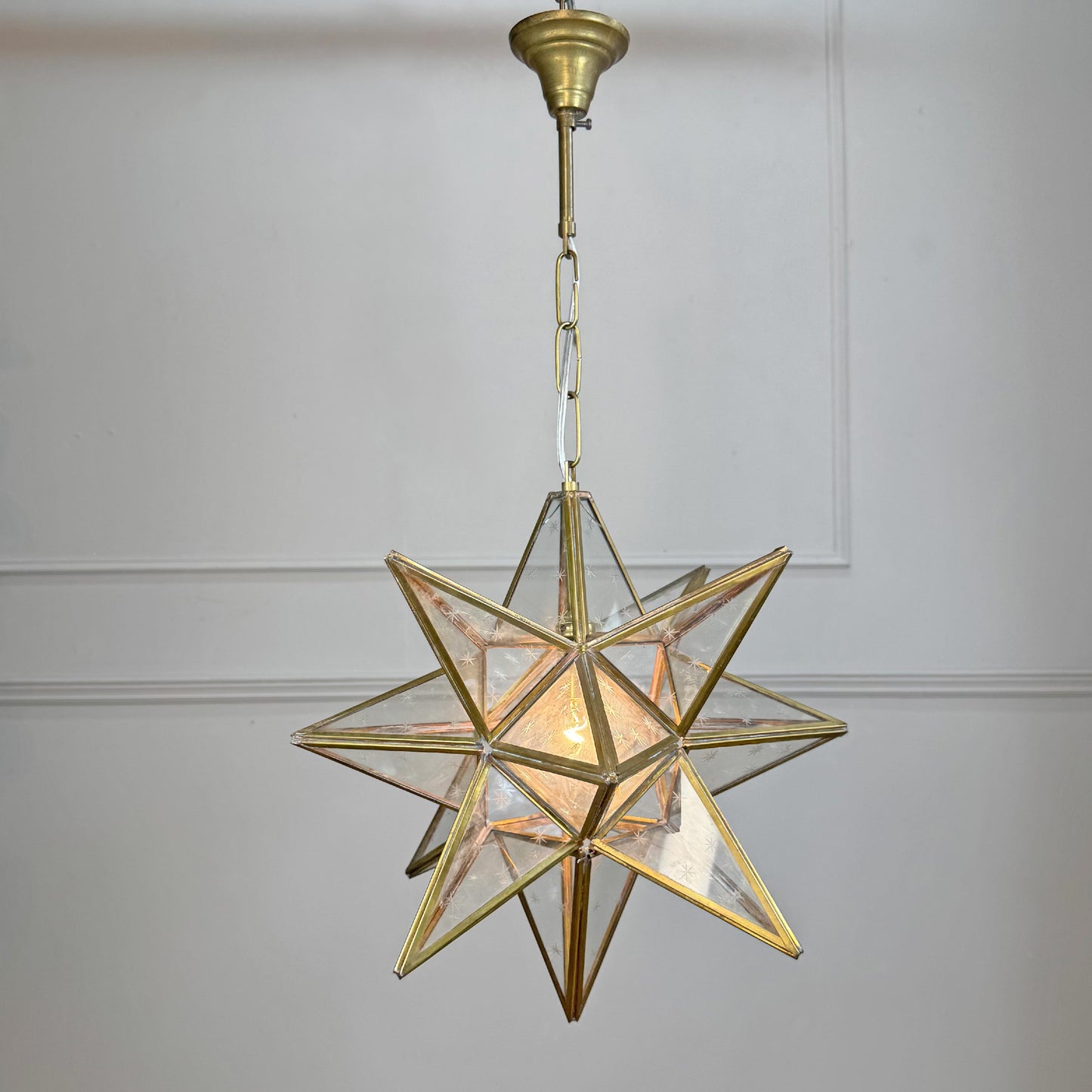 1920's Moravian Glass Star Pendant Ceiling Light with Etched Star Decoration