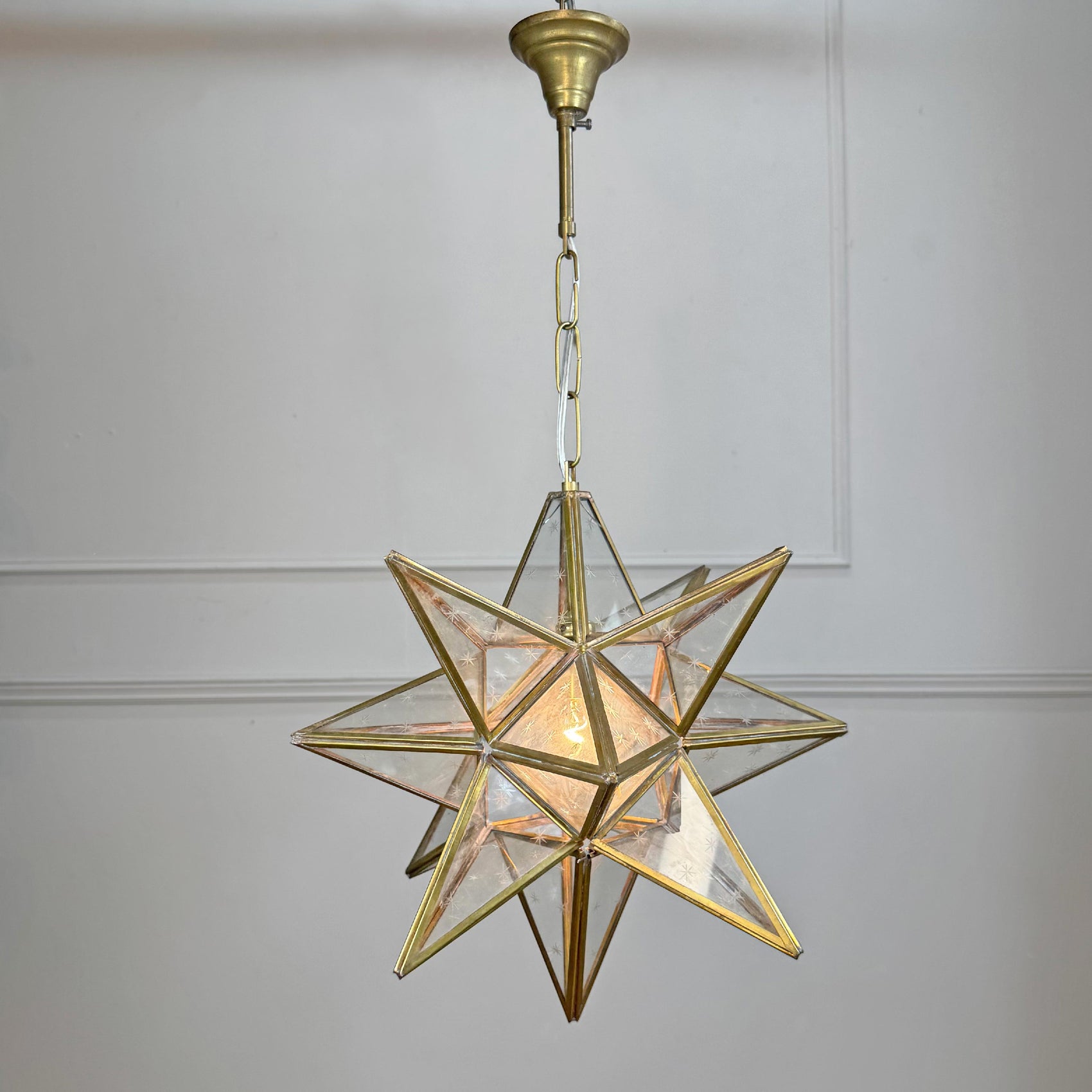 1920's Moravian Glass Star Pendant Ceiling Light with Etched Star Decoration