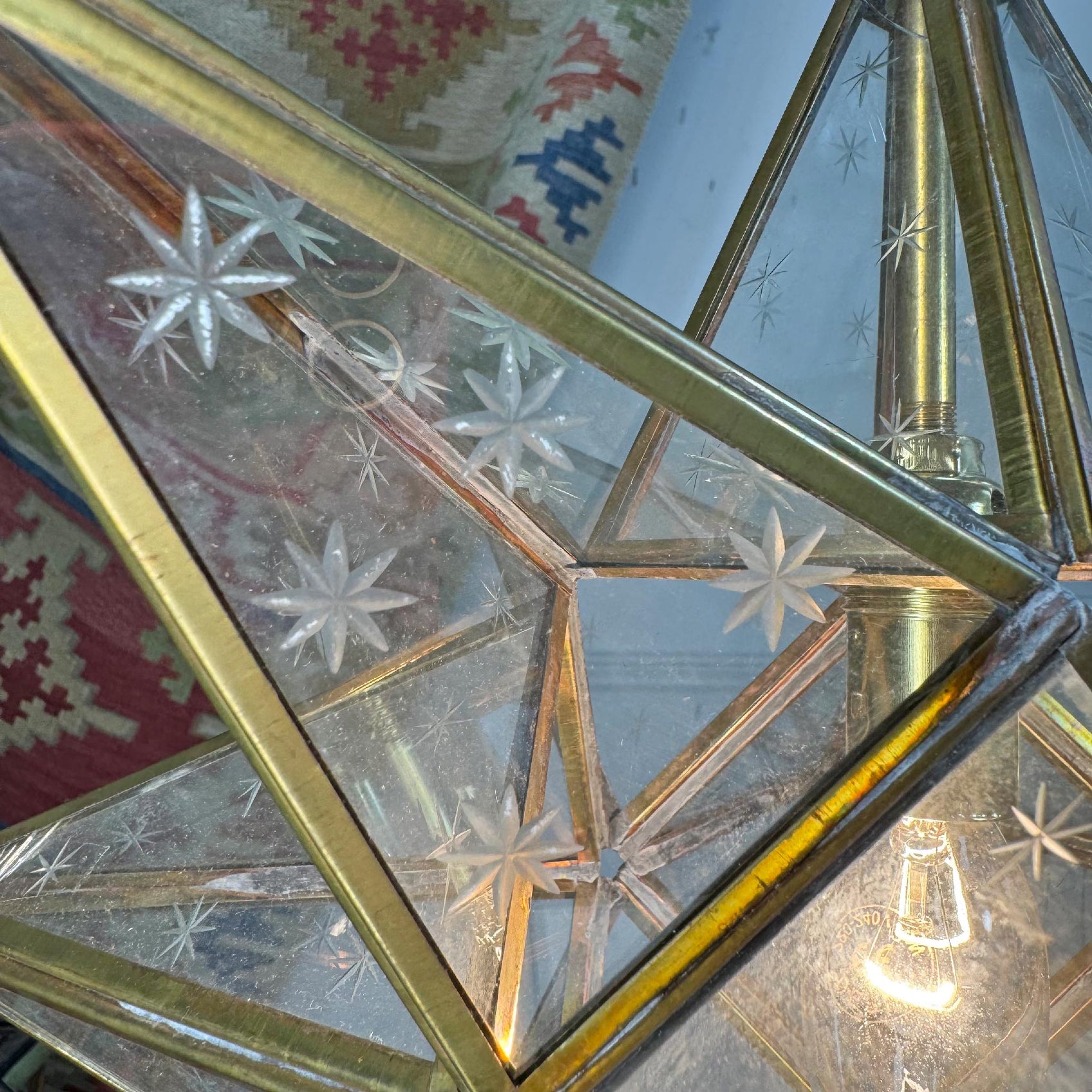 1920's Moravian Glass Star Pendant Ceiling Light with Etched Star Decoration