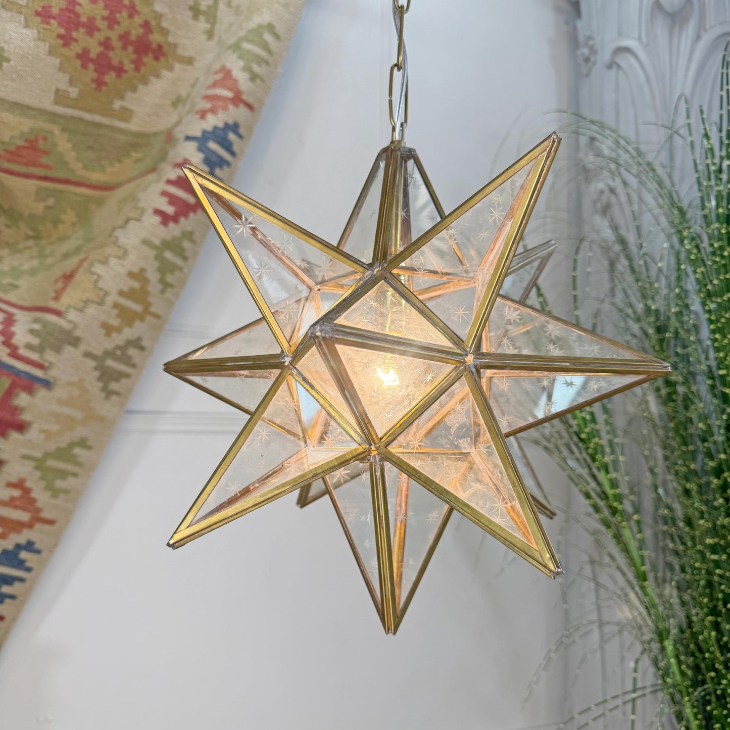 1920's Moravian Glass Star Pendant Ceiling Light with Etched Star Decoration