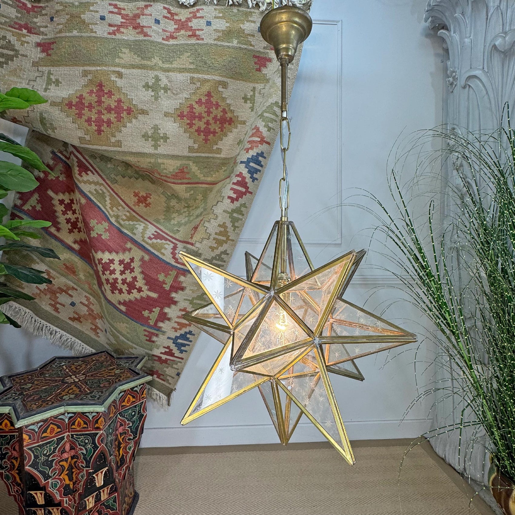 1920's Moravian Glass Star Pendant Ceiling Light with Etched Star Decoration
