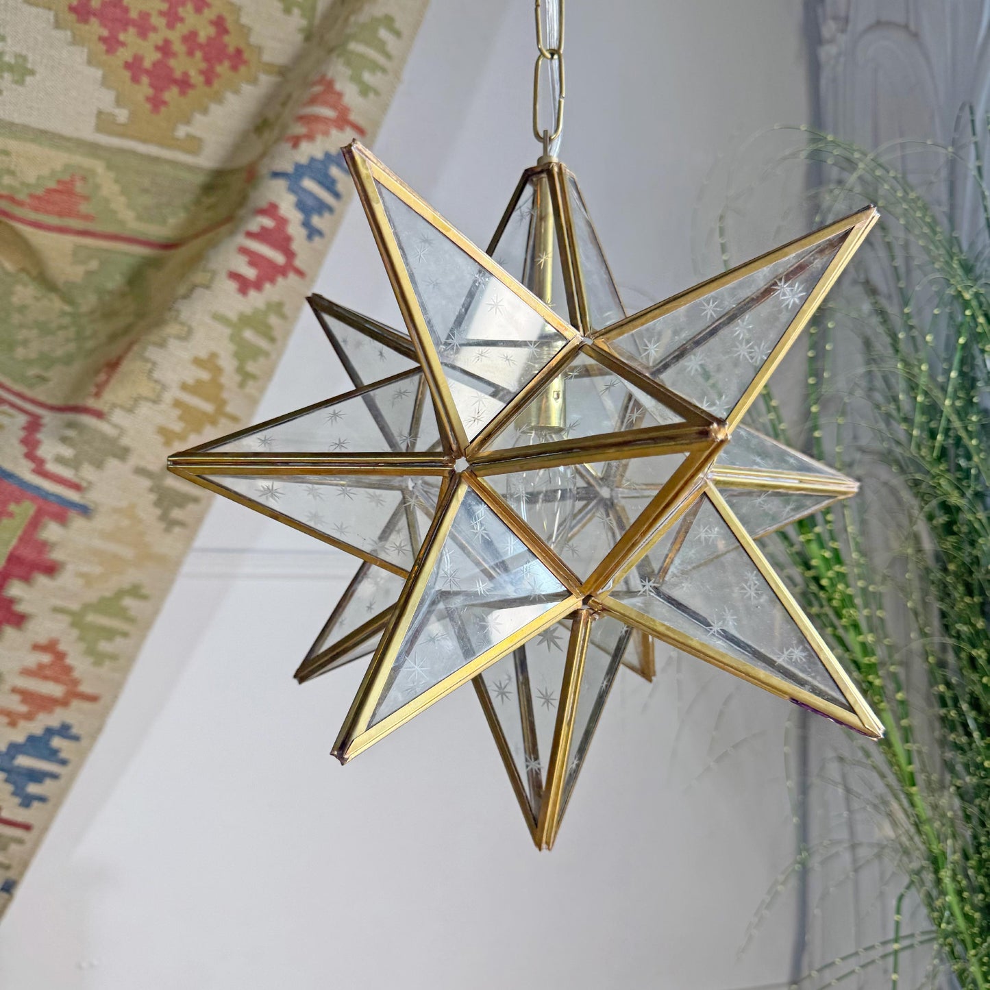 1920's Moravian Glass Star Pendant Ceiling Light with Etched Star Decoration