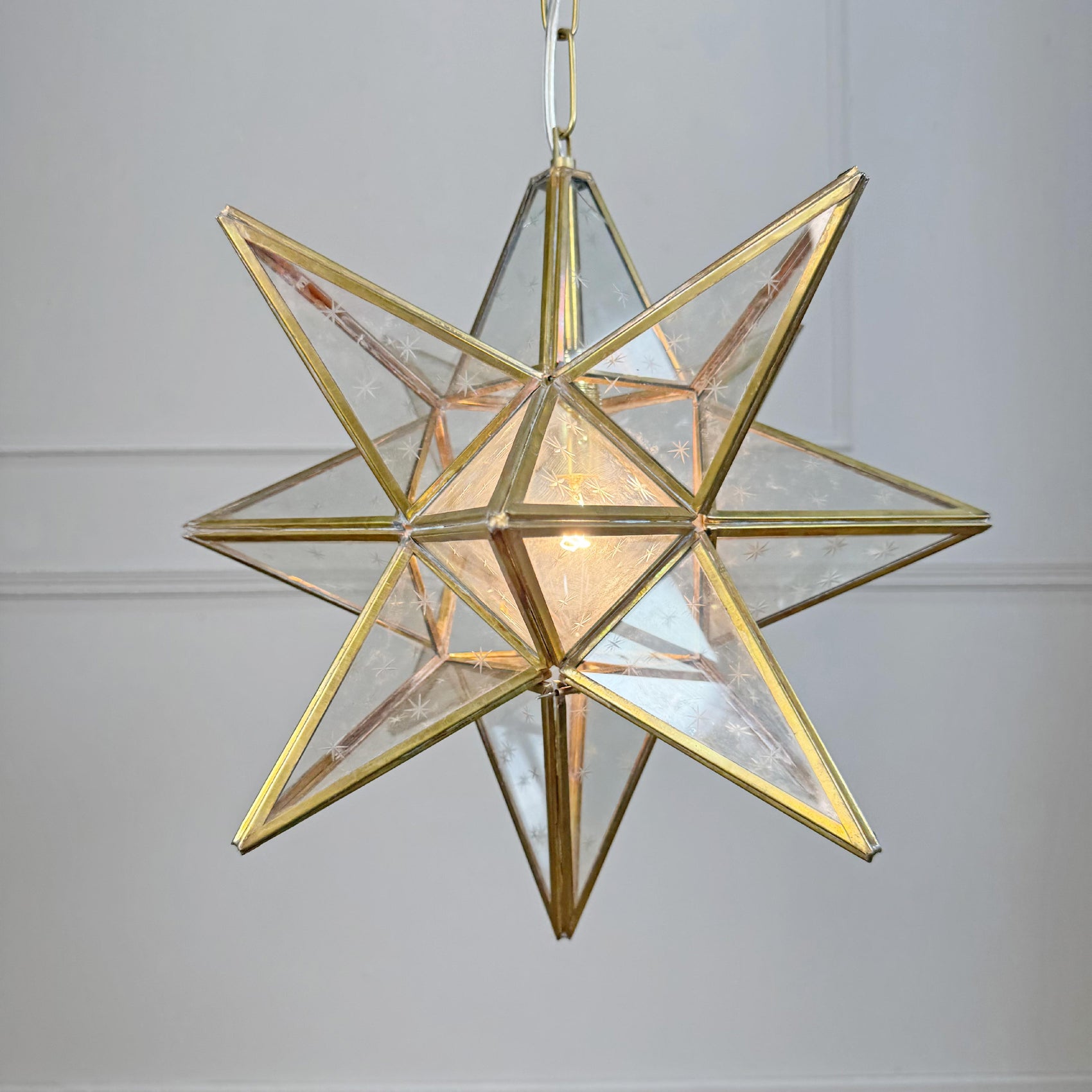 1920's Moravian Glass Star Pendant Ceiling Light with Etched Star Decoration