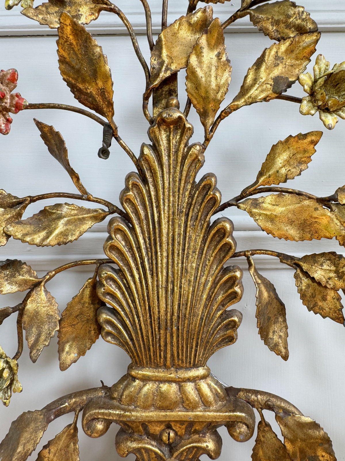 1950's Gilt Metal Italian Wall Light with Painted Flowers