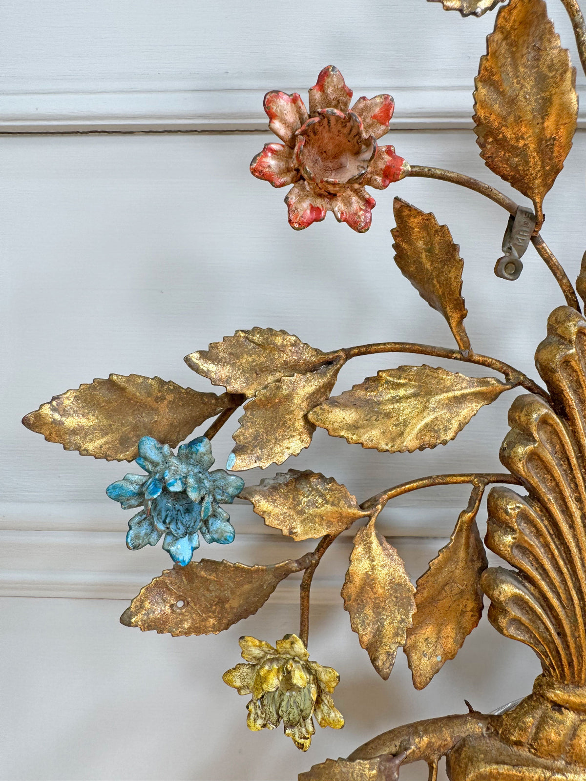 1950's Gilt Metal Italian Wall Light with Painted Flowers