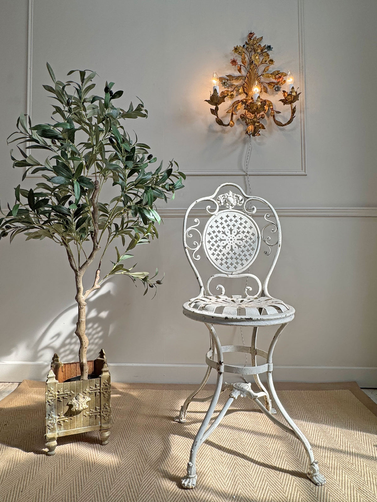 1950's Gilt Metal Italian Wall Light with Painted Flowers