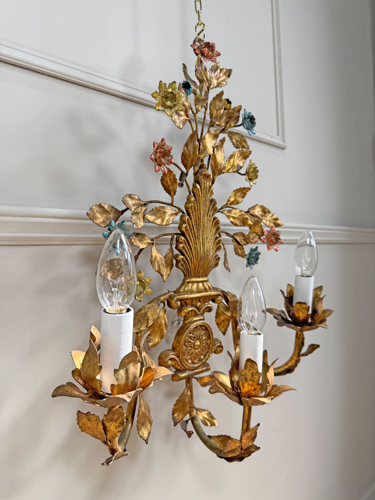 1950's Gilt Metal Italian Wall Light with Painted Flowers