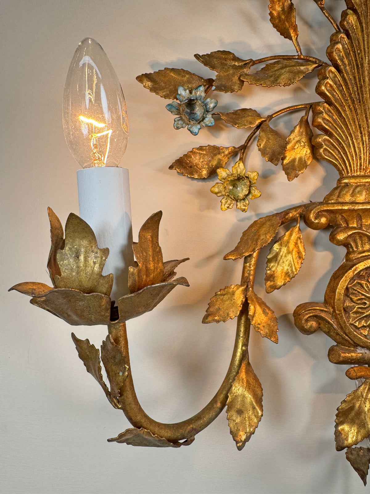 1950's Gilt Metal Italian Wall Light with Painted Flowers