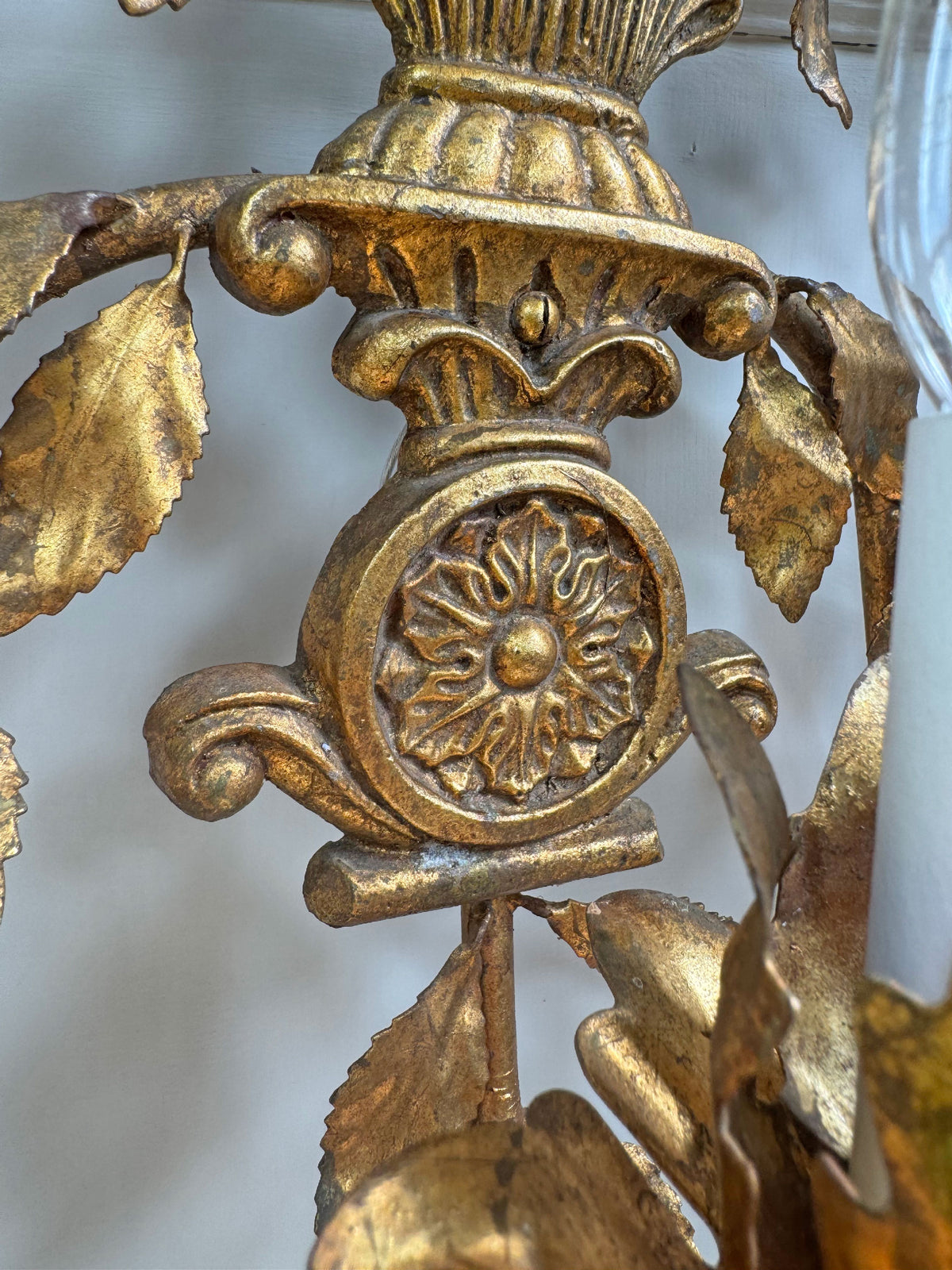 1950's Gilt Metal Italian Wall Light with Painted Flowers