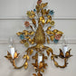 1950's Gilt Metal Italian Wall Light with Painted Flowers