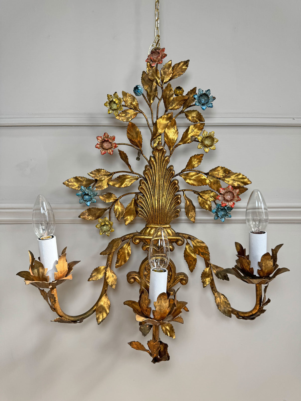 1950's Gilt Metal Italian Wall Light with Painted Flowers