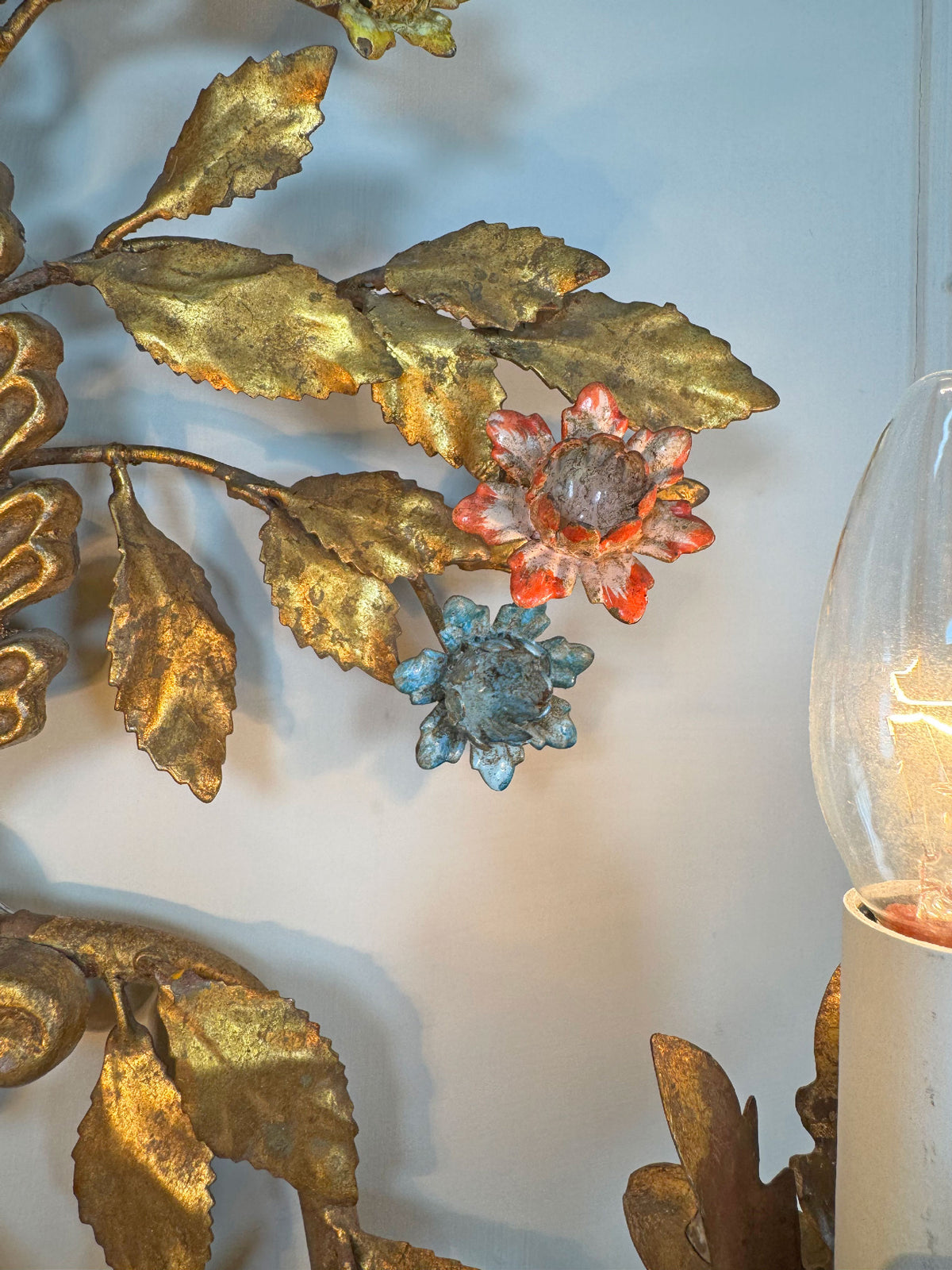1950's Gilt Metal Italian Wall Light with Painted Flowers