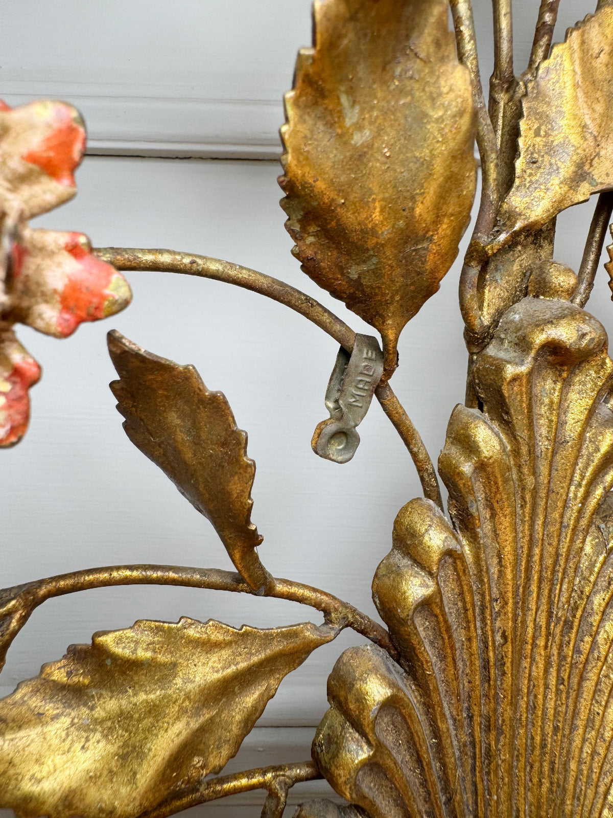 1950's Gilt Metal Italian Wall Light with Painted Flowers