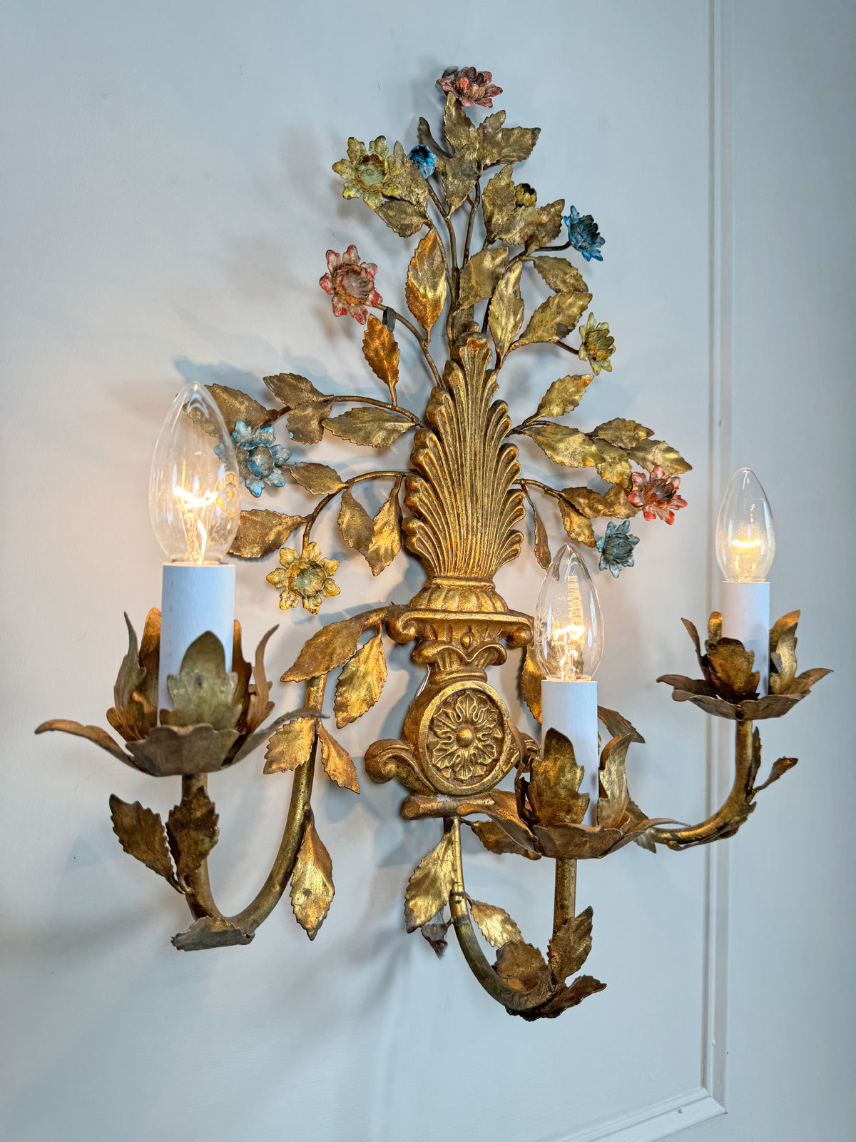 1950's Gilt Metal Italian Wall Light with Painted Flowers
