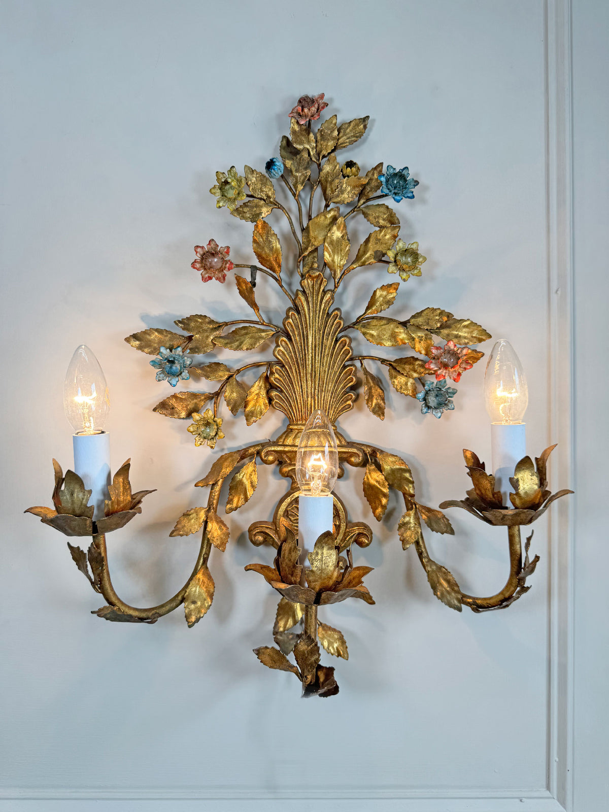 1950's Gilt Metal Italian Wall Light with Painted Flowers