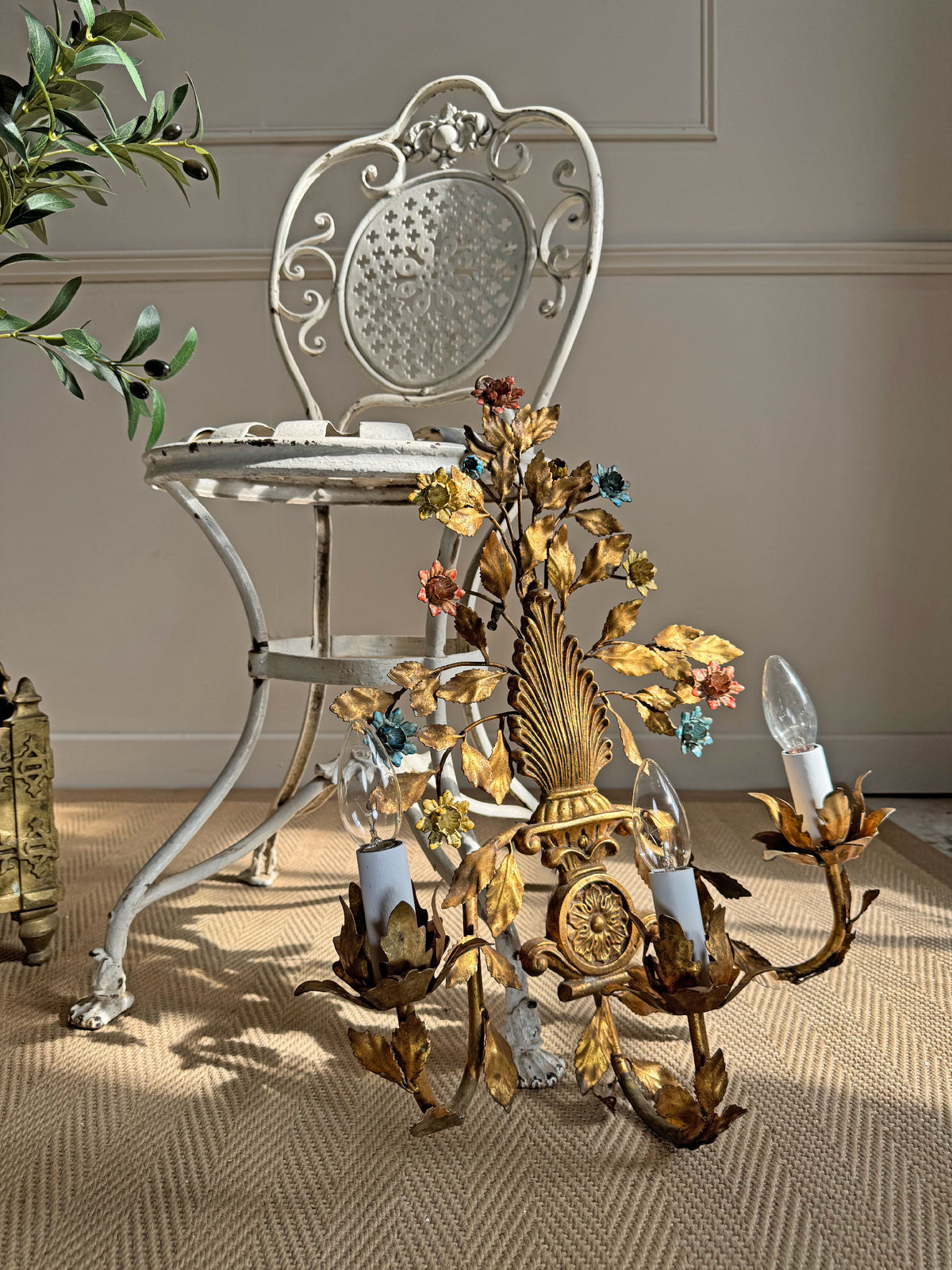 1950's Gilt Metal Italian Wall Light with Painted Flowers