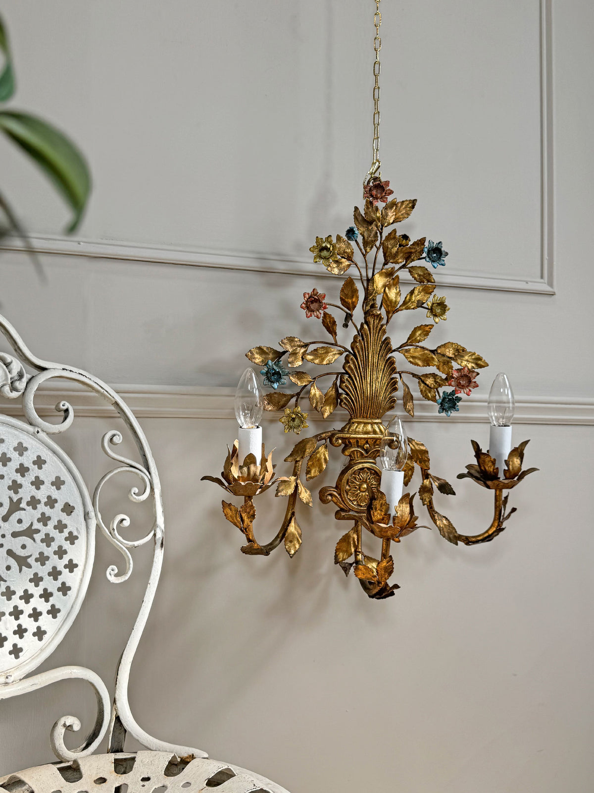 1950's Gilt Metal Italian Wall Light with Painted Flowers