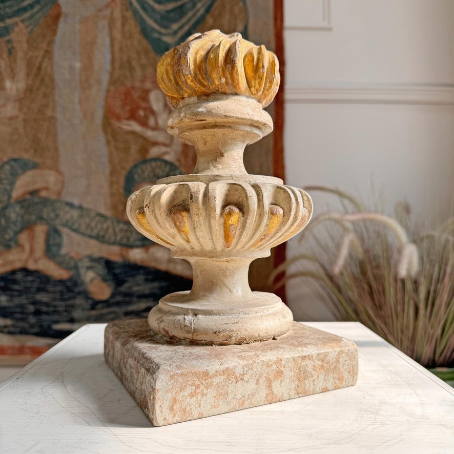 Antique Wood and Gesso Altar Vase with Flame and Faux Marble Italy 18th Century