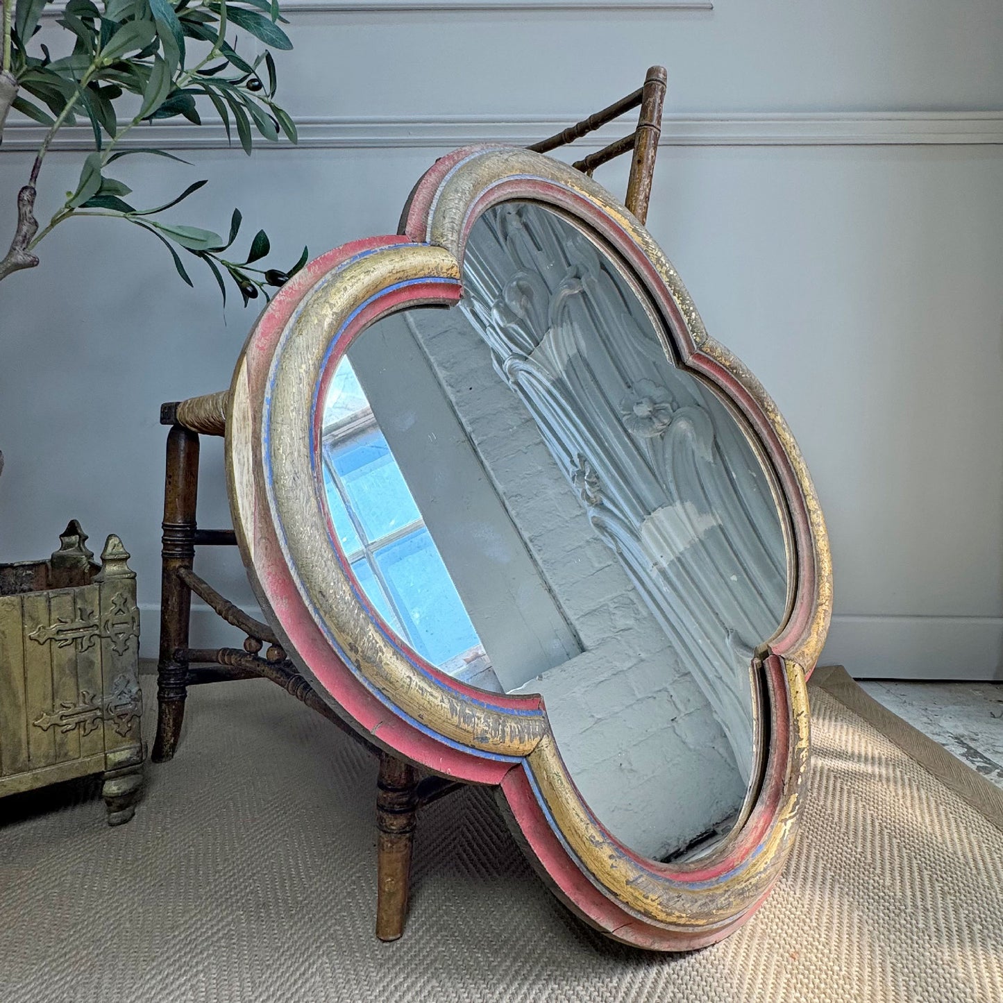 19th Century French Polychrome and Giltwood Quatrefoil Church Mirror