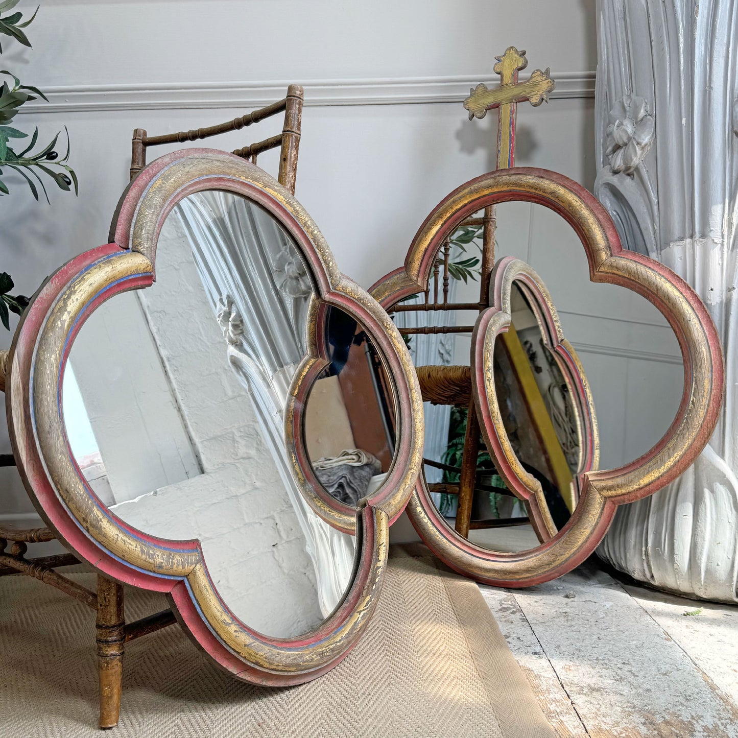 19th Century French Polychrome and Giltwood Quatrefoil Church Mirror