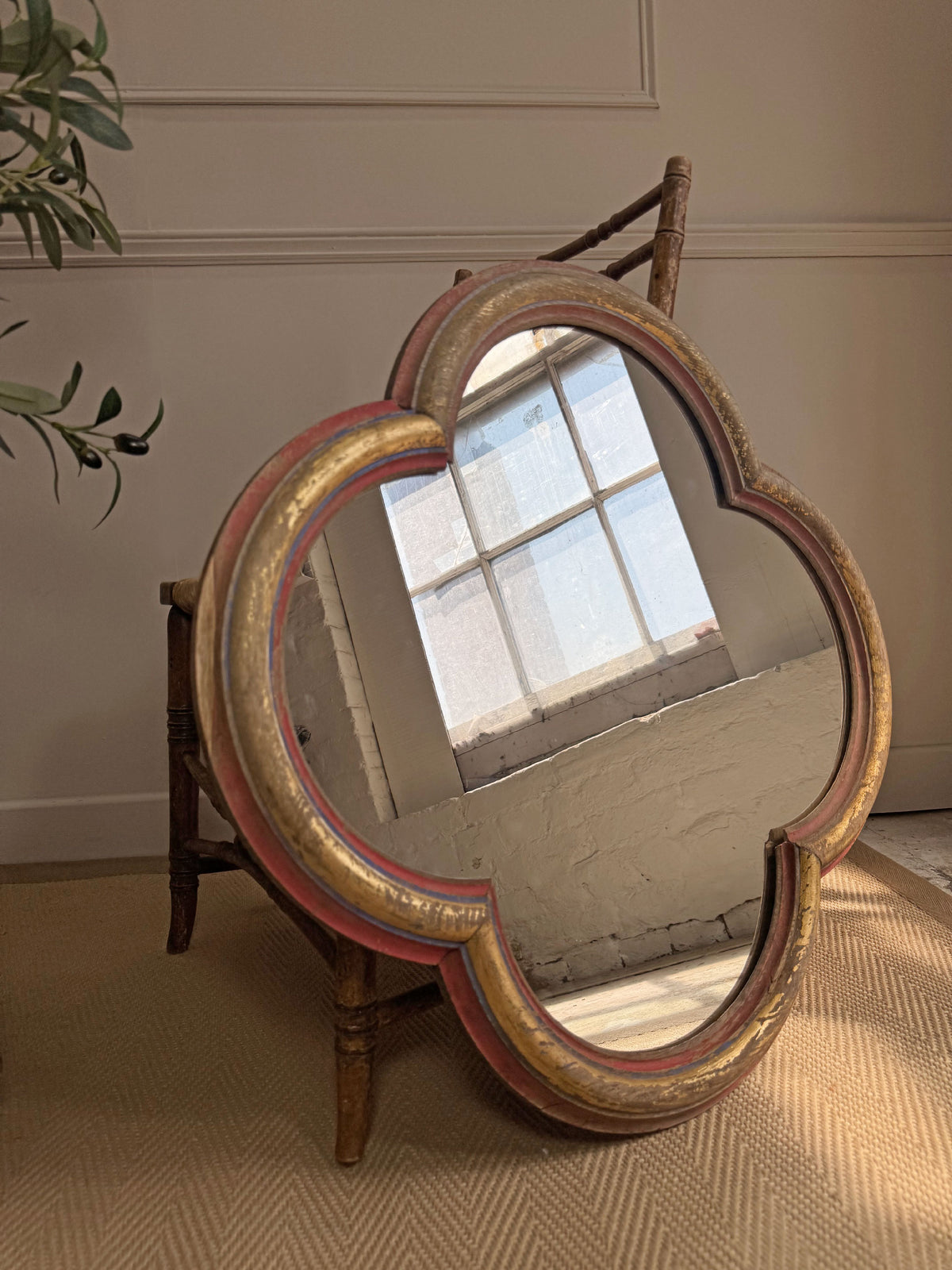 19th Century French Polychrome and Giltwood Quatrefoil Church Mirror