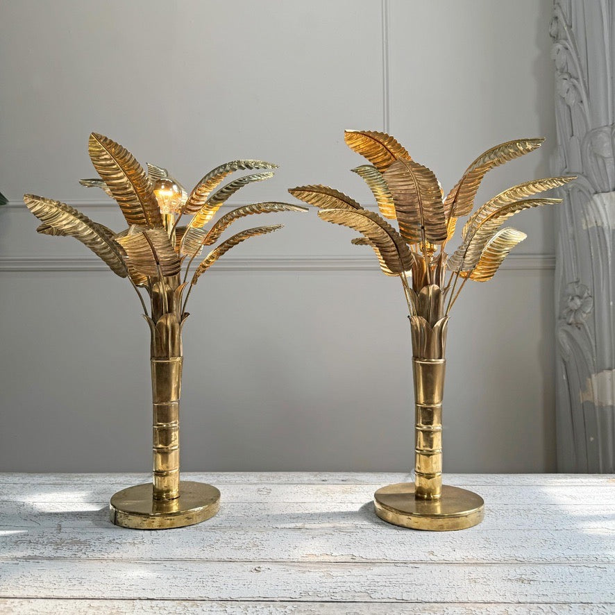 Brass Banana Palm Tree Table Lamps 1970's