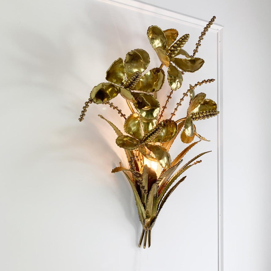 Brutalist French Gold Flower Bouquet Wall Light