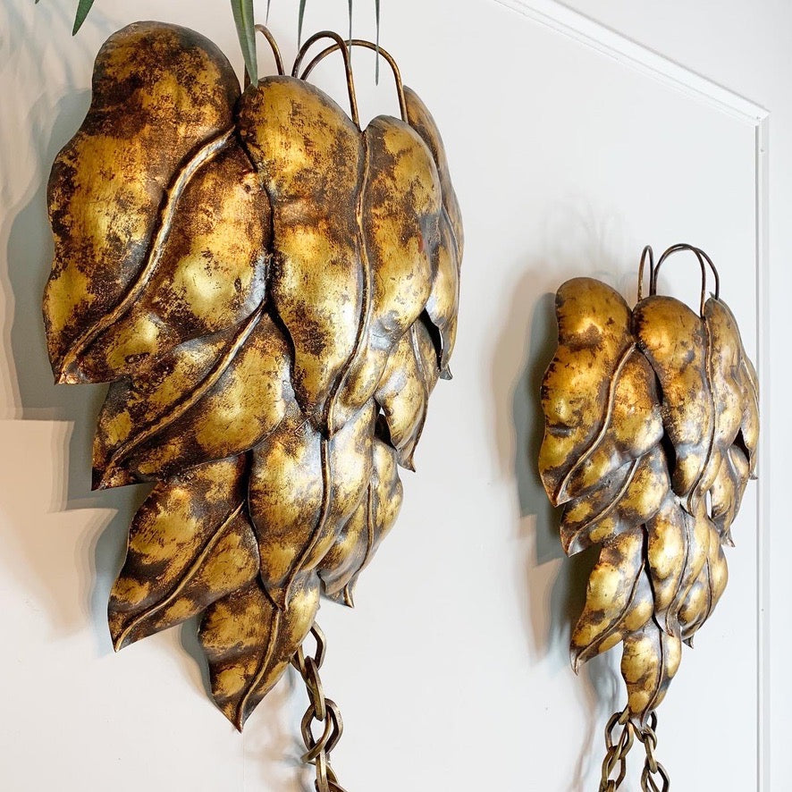 Pair of Gold Italian Leaf and Chain Swag Wall Lights 1950's