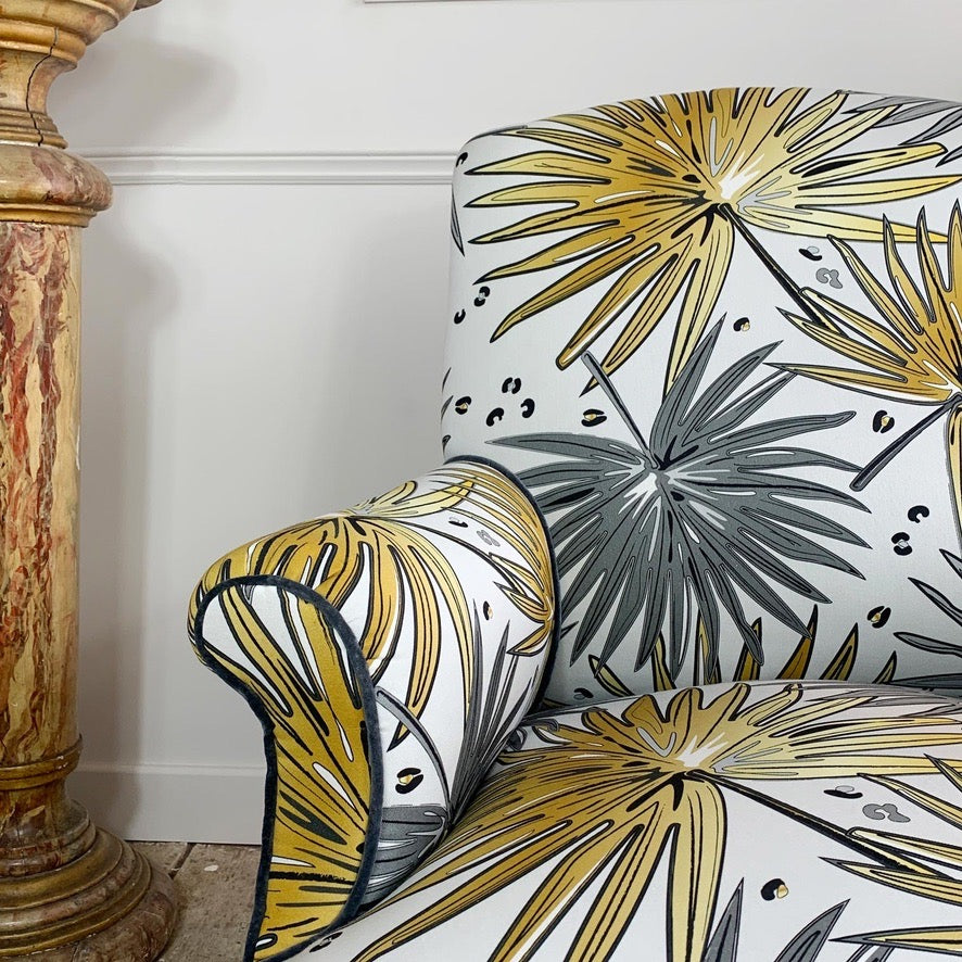 19th Century French Napoleon lll Armchair and Footstool in Tropics 'Fan Palm' Fabric