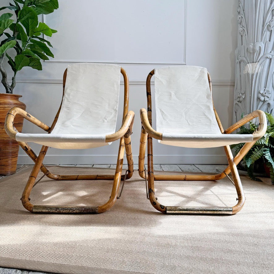 Pair of Vintage Folding Bamboo Deck Chairs 1960's Italian