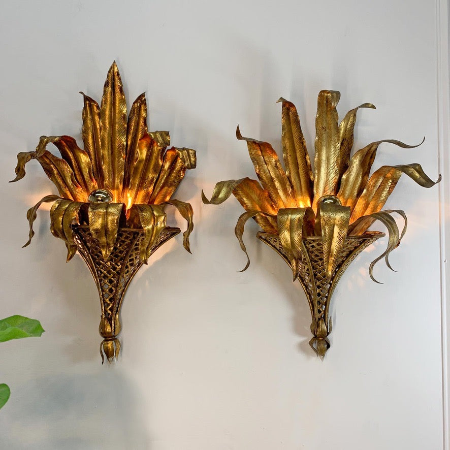 Pair of Italian Gilt Tole Palm Leaf and Coronet Wall Lights