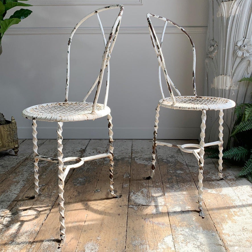 Superb pair of Rare White Tri-Legged Regency Wrought Iron Chairs