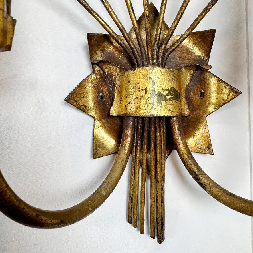 Vintage Pair of Ferro Art Gold Leaf Wall Lights