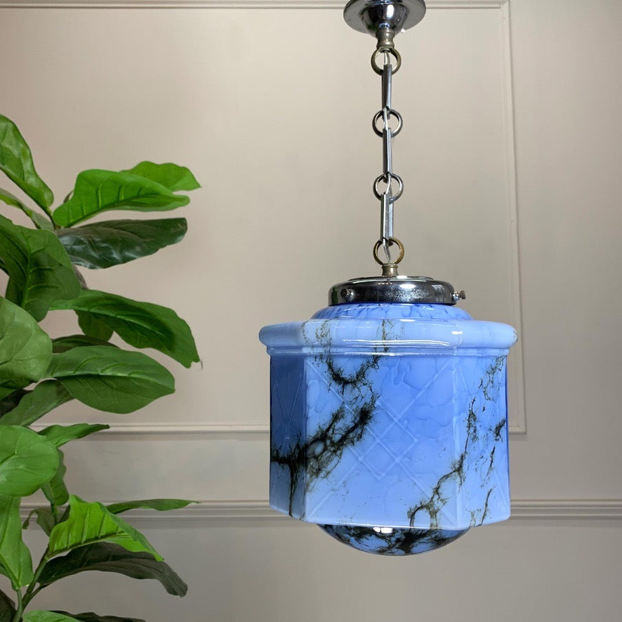 1920s German Art Deco Blue Glass Ceiling Pendant Light