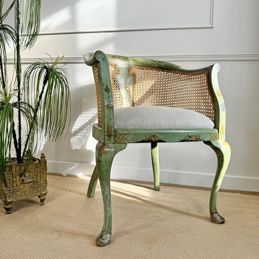 Pair of 19th Century Green Queen Anne Revival Chinoiserie Bergere Chairs