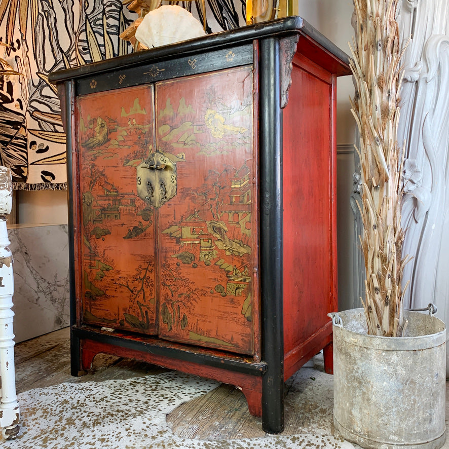 19th C Crimson Red On Black, Chinoiserie Cabinet
