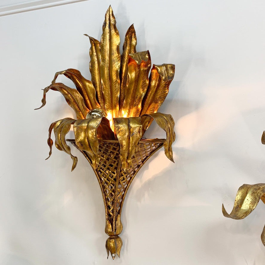 Pair of Italian Gilt Tole Palm Leaf and Coronet Wall Lights