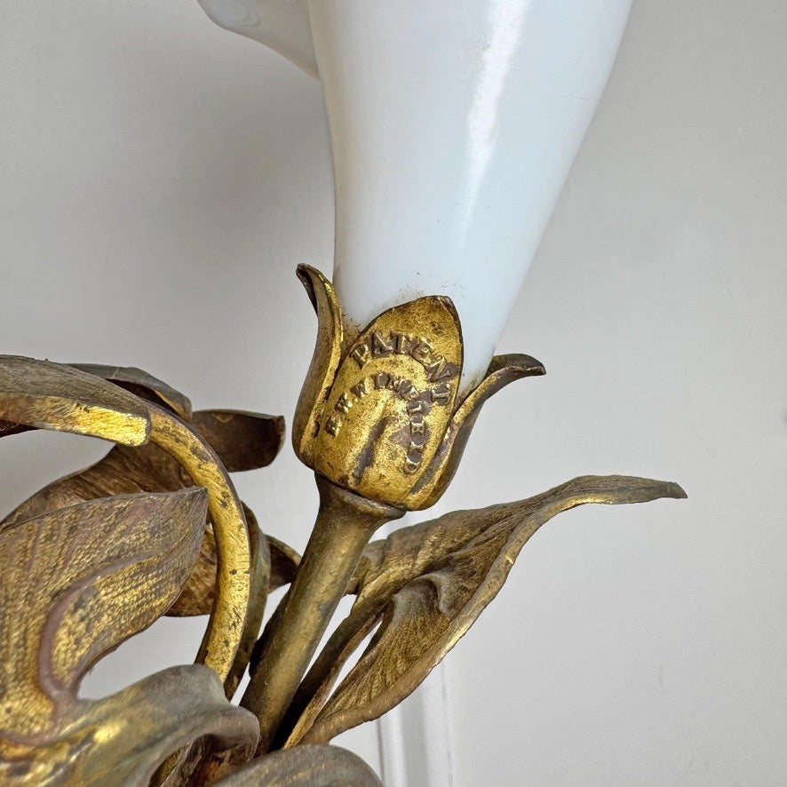 RW Winfield Art Nouveau Opaline and Brass Flower Wall Sconces 1845