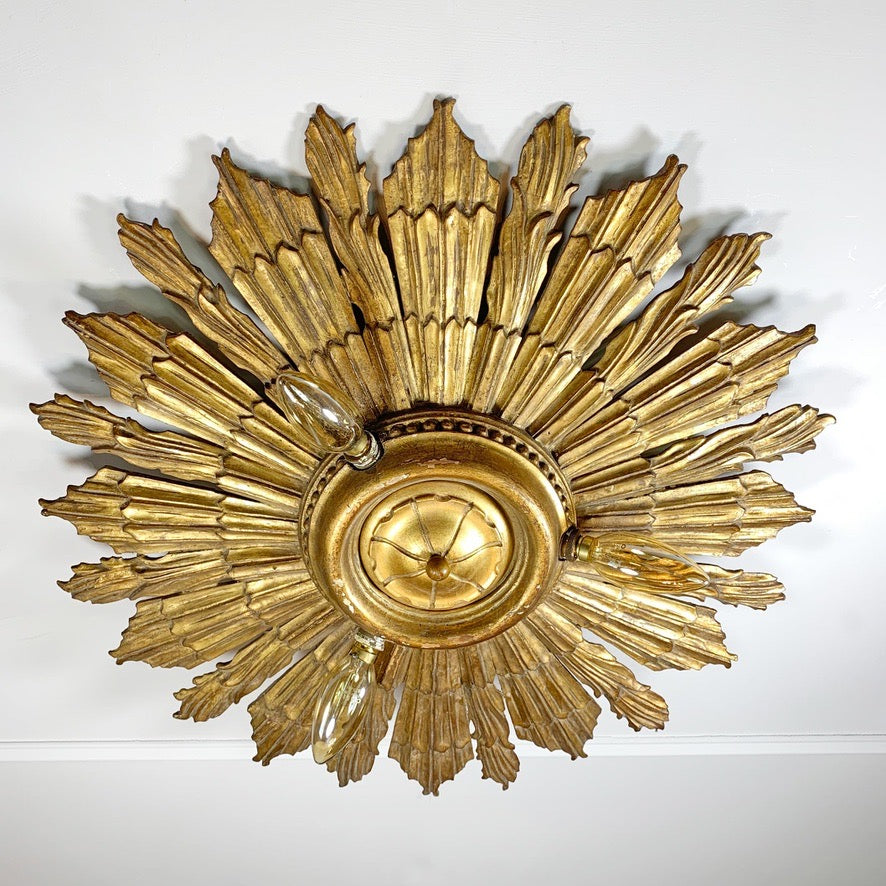Carved Gilt Wood Church Sunburst Light Circa 1920