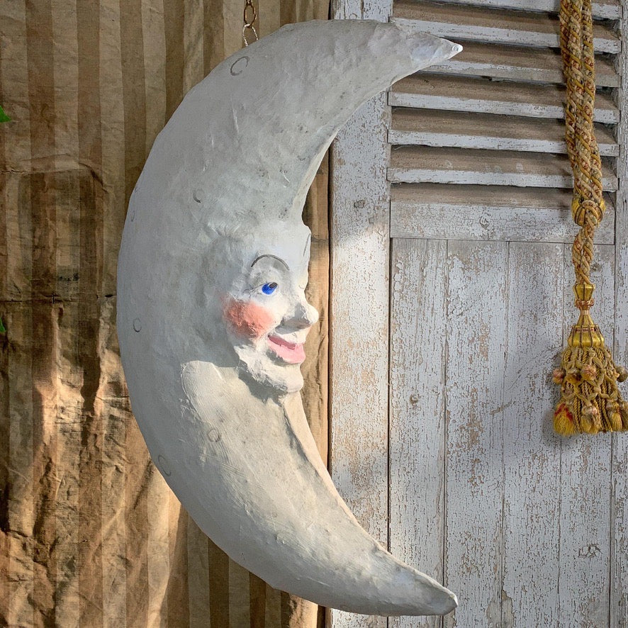 Large Folk Art Papier Mache Moon with Face