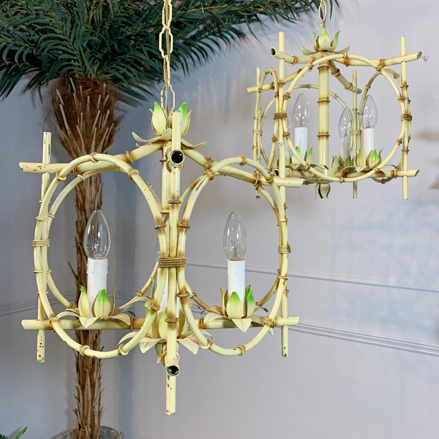 Pair of Faux Bamboo Pagoda Chandeliers Italy 1950's