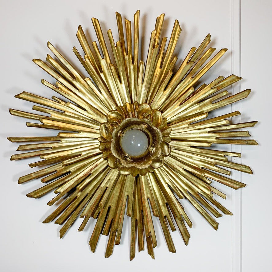Large Water Gilded Gold Wooden Chapel Sunburst Flush Light