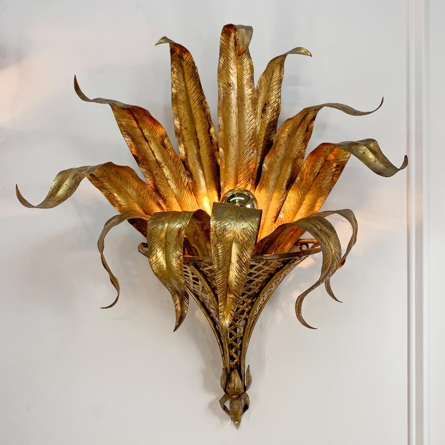 Pair of Italian Gilt Tole Palm Leaf and Coronet Wall Lights