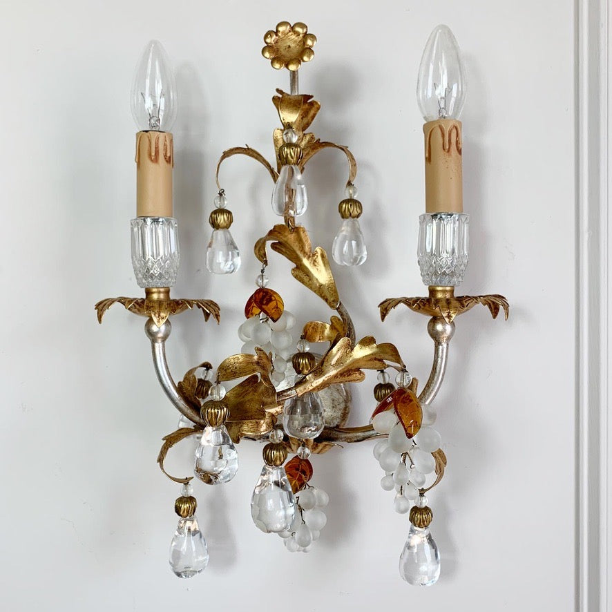 Pair of Banci Firenze Gold Crystal Grape and Pear Wall Lights