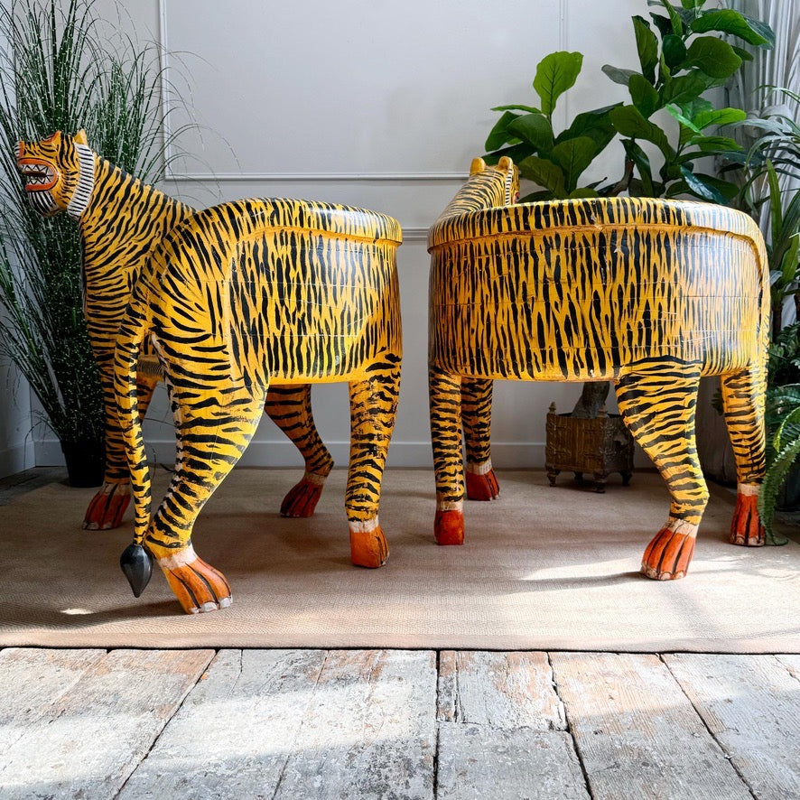 Vintage Pair of Indian Polychrome-Decorated Tiger Throne Chairs